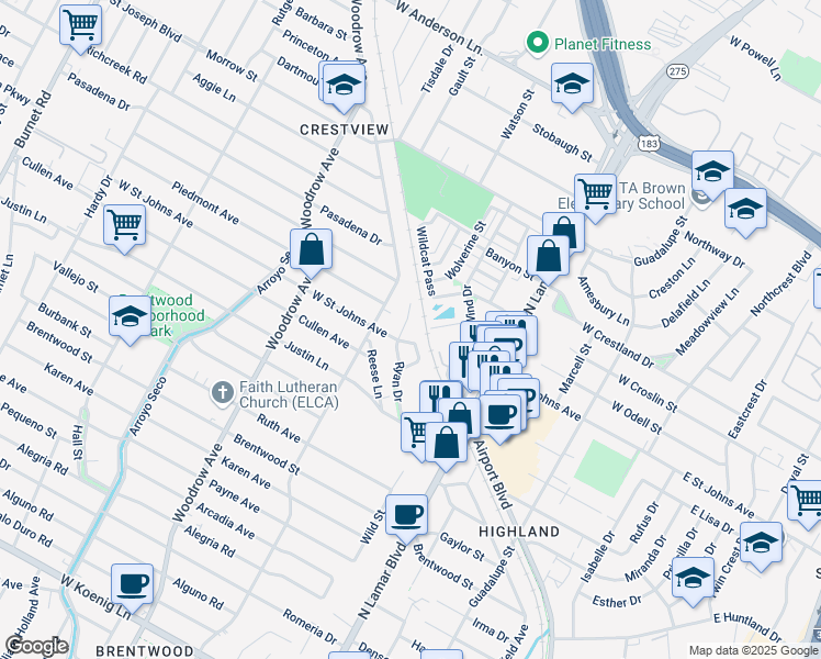 map of restaurants, bars, coffee shops, grocery stores, and more near 1000 West Saint Johns Avenue in Austin