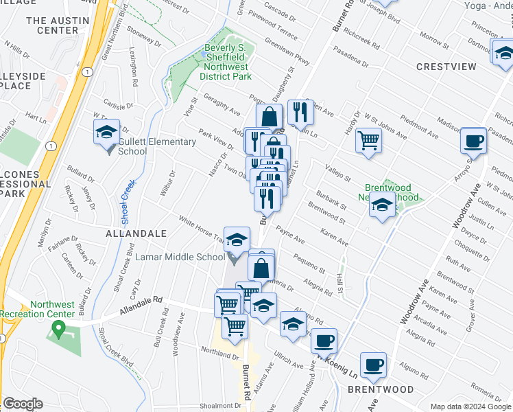 map of restaurants, bars, coffee shops, grocery stores, and more near 6444 Burnet Road in Austin