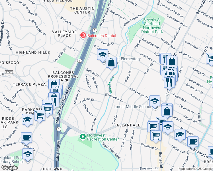 map of restaurants, bars, coffee shops, grocery stores, and more near 6106 Shoal Creek Boulevard in Austin