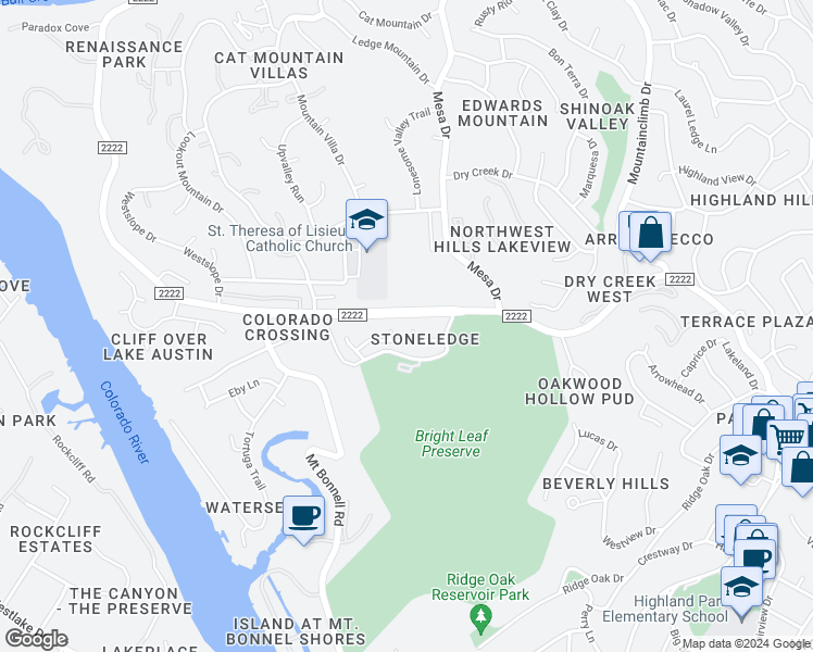 map of restaurants, bars, coffee shops, grocery stores, and more near 4206 Creek Ledge in Austin