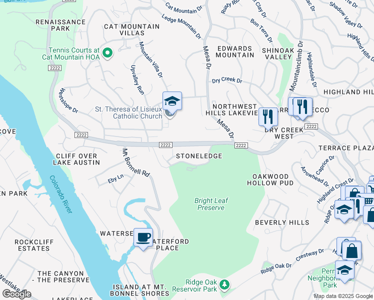 map of restaurants, bars, coffee shops, grocery stores, and more near 4206 Creek Ledge in Austin