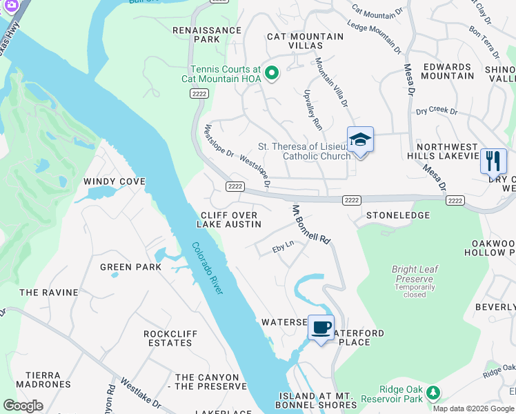 map of restaurants, bars, coffee shops, grocery stores, and more near 5608 Palisade Court in Austin