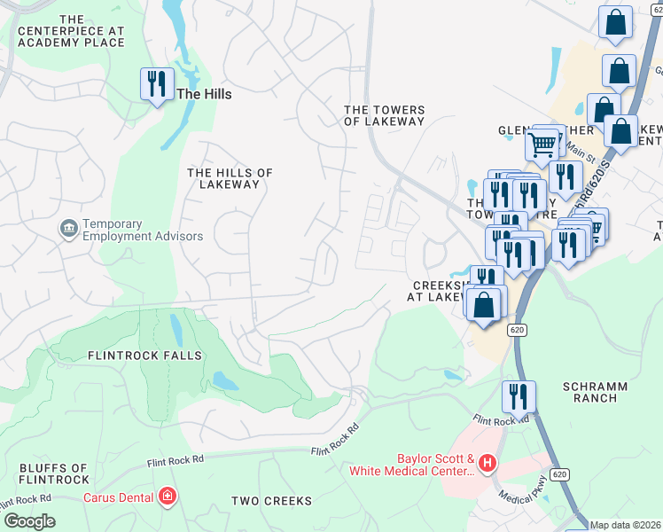 map of restaurants, bars, coffee shops, grocery stores, and more near 12 Hightrail Way in Austin