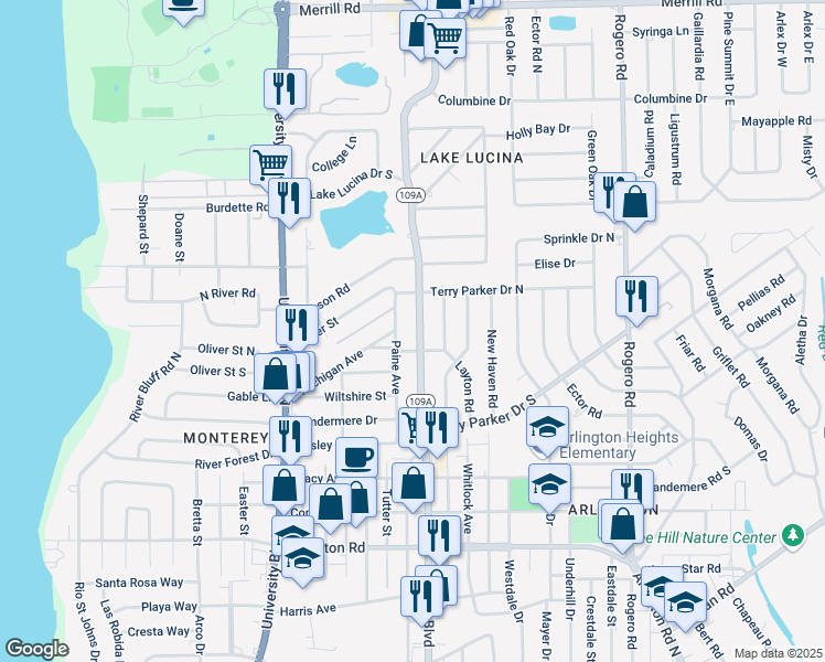 map of restaurants, bars, coffee shops, grocery stores, and more near 5947 Theed Street in Jacksonville