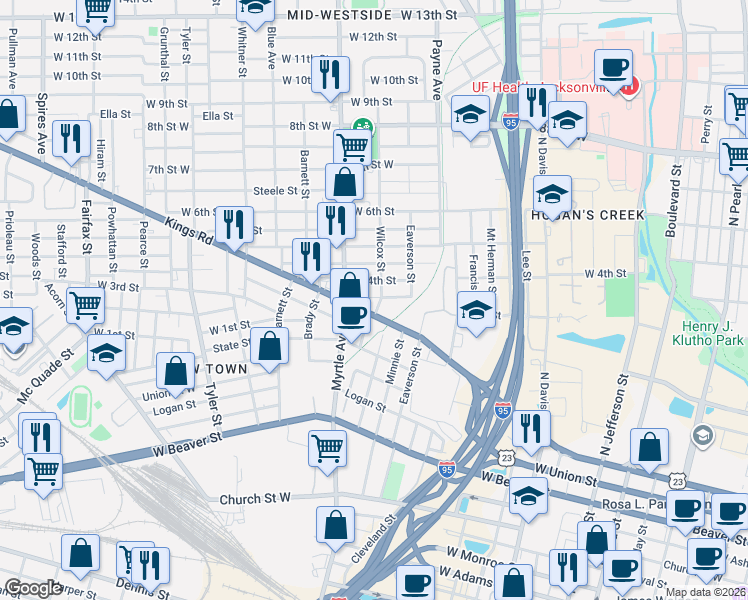 map of restaurants, bars, coffee shops, grocery stores, and more near 1273 Kings Road in Jacksonville