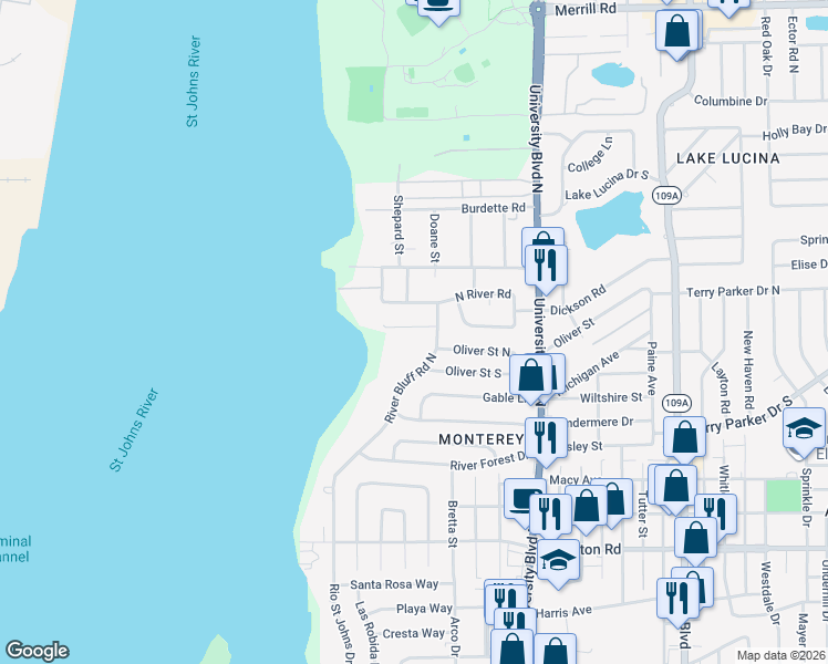 map of restaurants, bars, coffee shops, grocery stores, and more near 5166 River Bluff Lane in Jacksonville