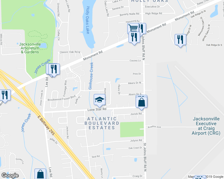 map of restaurants, bars, coffee shops, grocery stores, and more near 1187 Brookwood Bluff Road East in Jacksonville