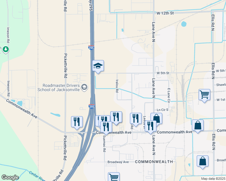 map of restaurants, bars, coffee shops, grocery stores, and more near 1334 Iralou Road in Jacksonville