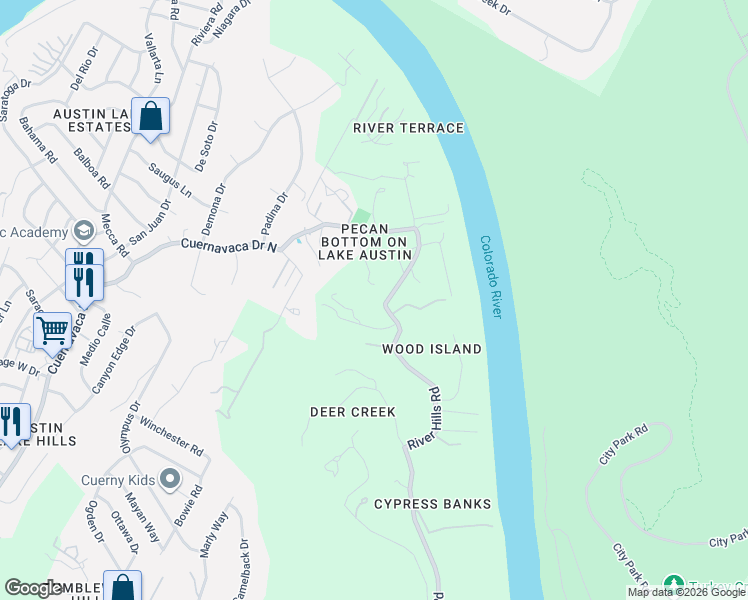 map of restaurants, bars, coffee shops, grocery stores, and more near 2314 River Hills Road in Austin