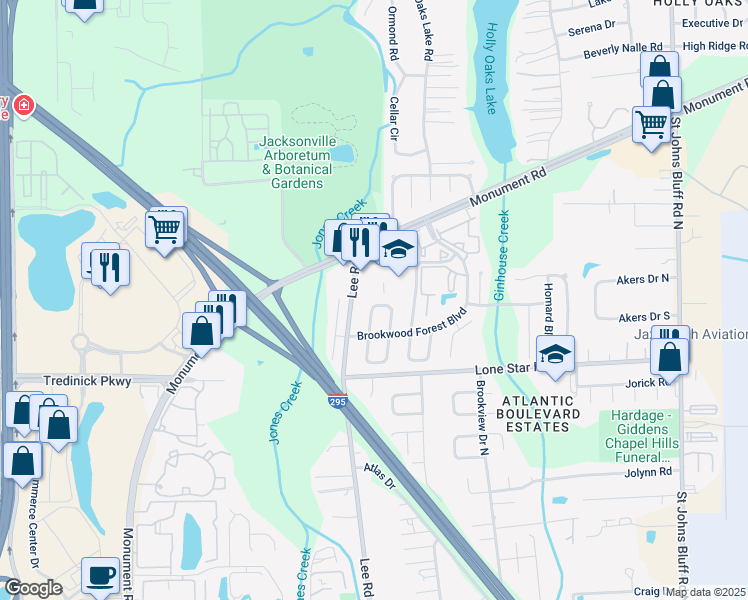 map of restaurants, bars, coffee shops, grocery stores, and more near 10023 Romaine Circle North in Jacksonville