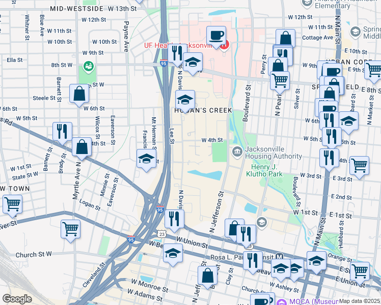 map of restaurants, bars, coffee shops, grocery stores, and more near 770 West 4th Street in Jacksonville