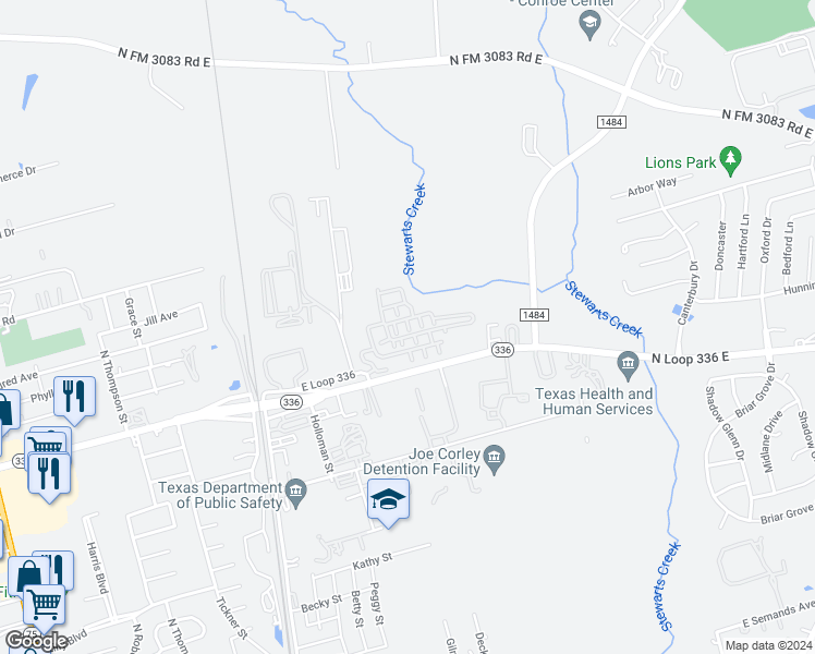 map of restaurants, bars, coffee shops, grocery stores, and more near 219 North Loop 336 East in Conroe