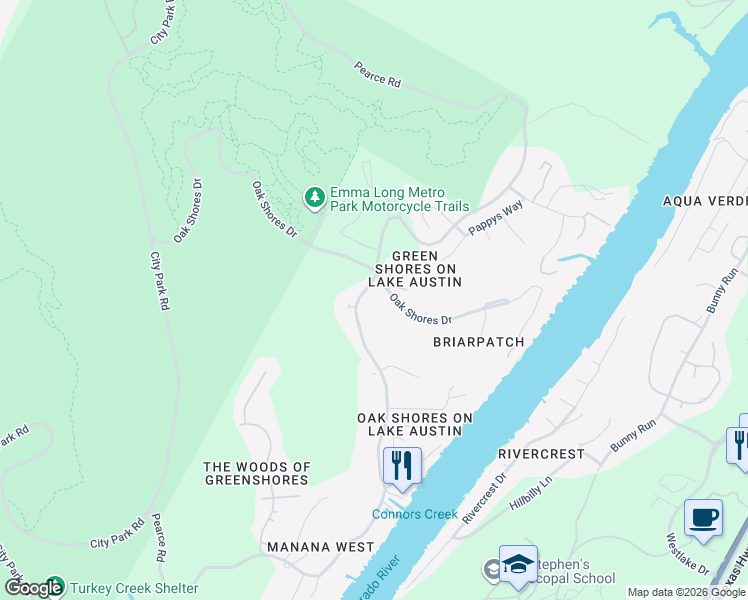 map of restaurants, bars, coffee shops, grocery stores, and more near 7315 Oak Shores Drive in Austin