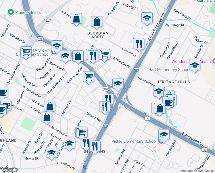 map of restaurants, bars, coffee shops, grocery stores, and more near 500 West Anderson Lane in Austin