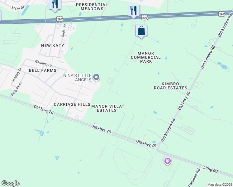 map of restaurants, bars, coffee shops, grocery stores, and more near 19195 Racin Patty Street in Manor