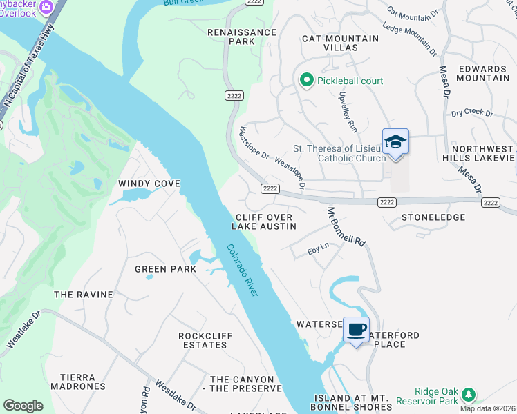 map of restaurants, bars, coffee shops, grocery stores, and more near 4722 Palisade Drive in Austin