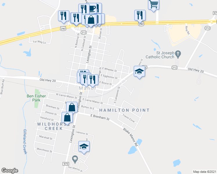 map of restaurants, bars, coffee shops, grocery stores, and more near 406 East Boyce Street in Manor