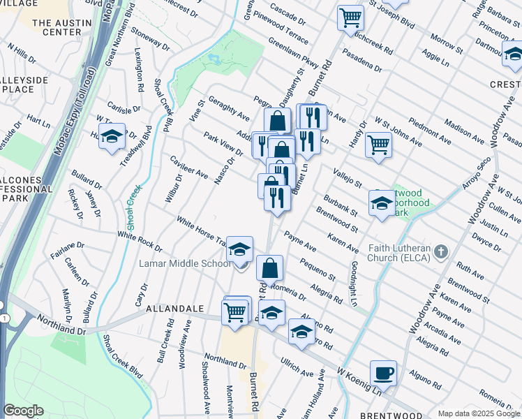 map of restaurants, bars, coffee shops, grocery stores, and more near 6444 Burnet Road in Austin