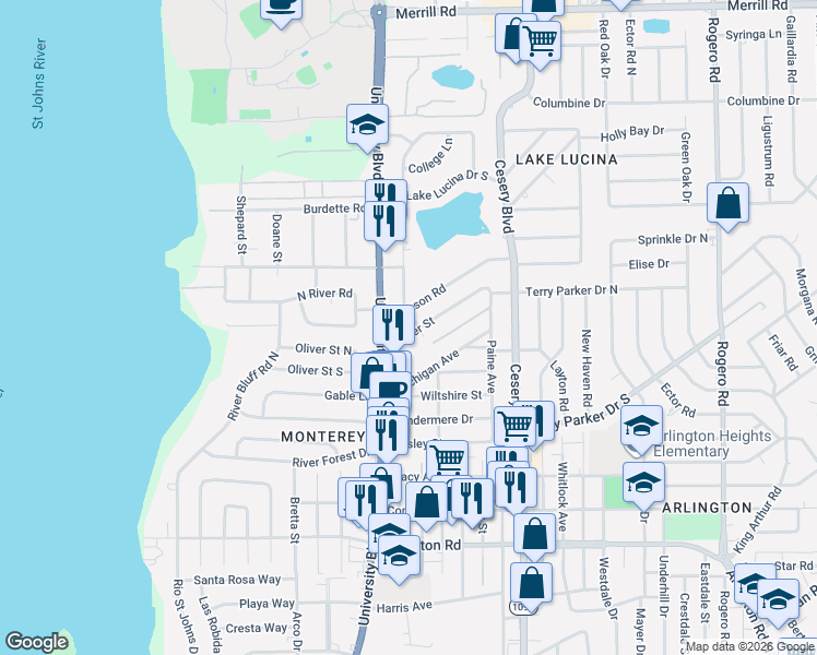 map of restaurants, bars, coffee shops, grocery stores, and more near 5640 Oliver Street in Jacksonville