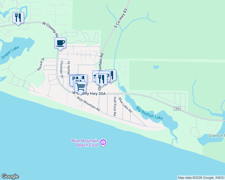 map of restaurants, bars, coffee shops, grocery stores, and more near 2046 West County Highway 30A in Santa Rosa Beach