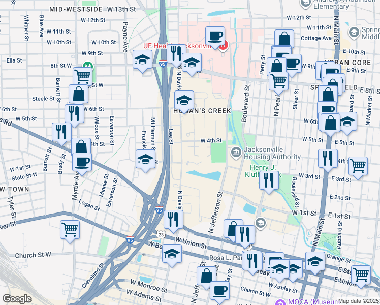 map of restaurants, bars, coffee shops, grocery stores, and more near 770 West 4th Street in Jacksonville