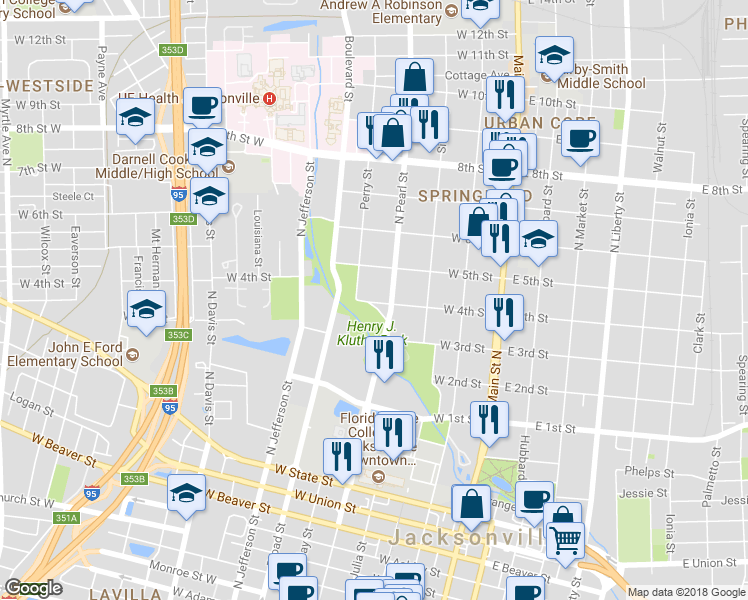map of restaurants, bars, coffee shops, grocery stores, and more near 323 West 4th Street in Jacksonville