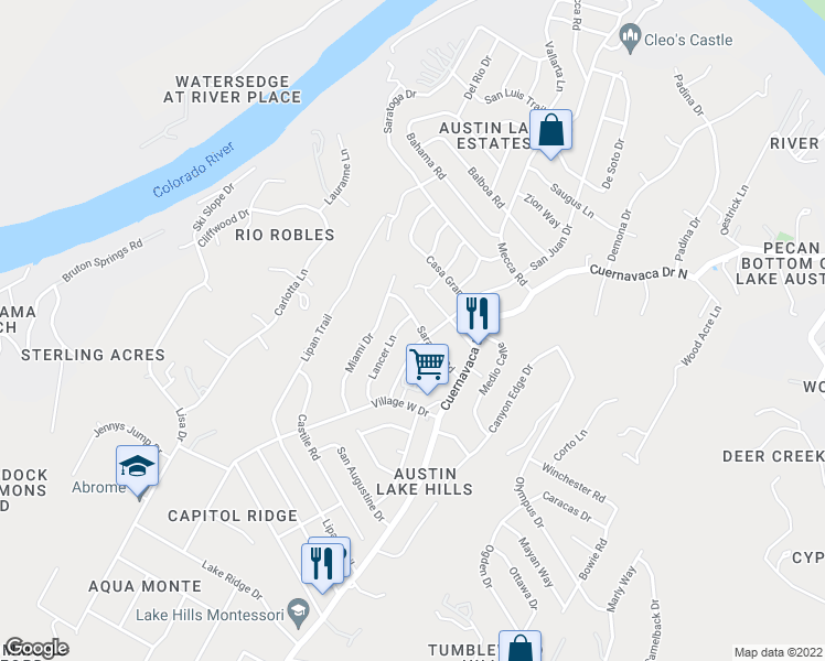 map of restaurants, bars, coffee shops, grocery stores, and more near 1702 Saracen Road in Austin