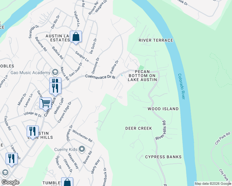 map of restaurants, bars, coffee shops, grocery stores, and more near 2100 Wood Acre Lane in Austin