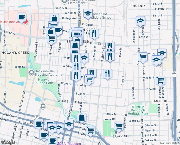 map of restaurants, bars, coffee shops, grocery stores, and more near 115 East 4th Street in Jacksonville