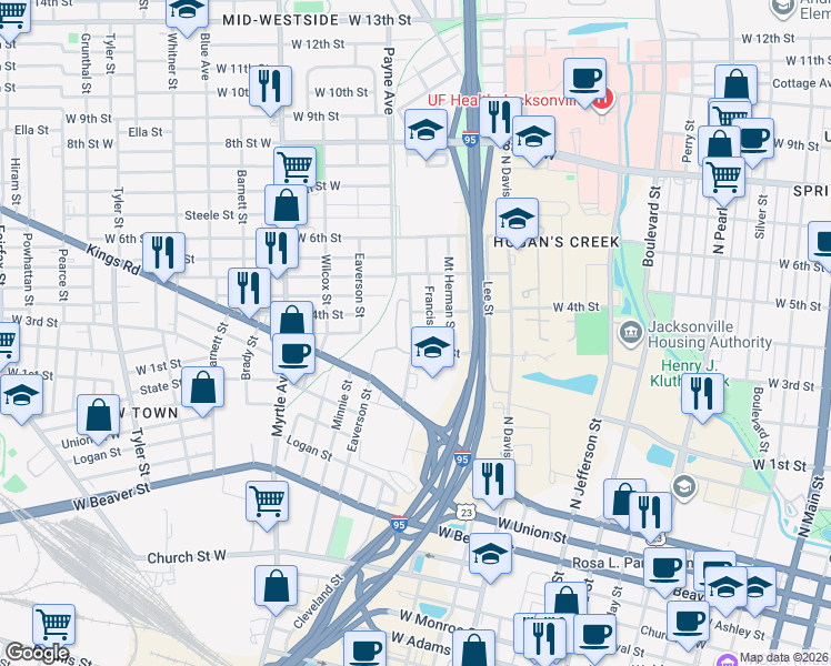 map of restaurants, bars, coffee shops, grocery stores, and more near 1311 Cleveland Street in Jacksonville