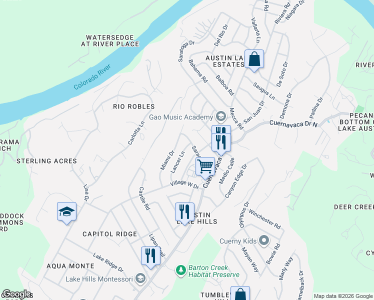 map of restaurants, bars, coffee shops, grocery stores, and more near 1605 Lancer Lane in Austin