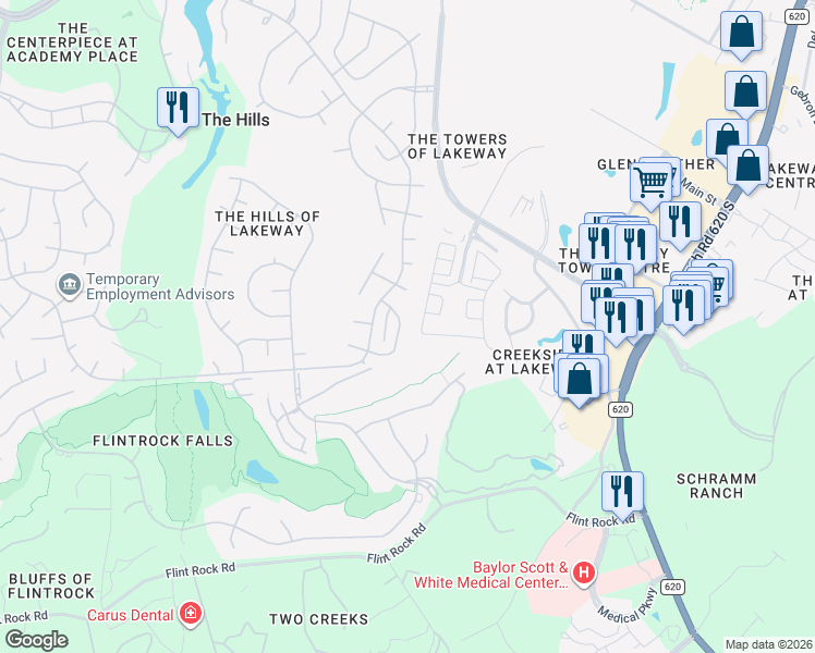 map of restaurants, bars, coffee shops, grocery stores, and more near 11 Hightrail Way in The Hills
