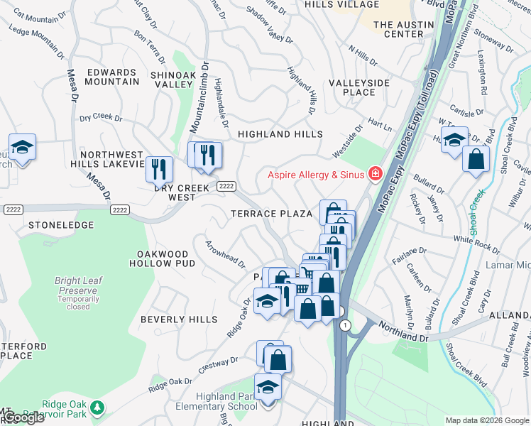 map of restaurants, bars, coffee shops, grocery stores, and more near 3556 Ranch Road 2222 in Austin