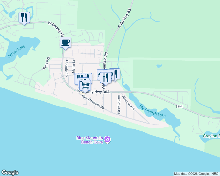 map of restaurants, bars, coffee shops, grocery stores, and more near 2048 West County Highway 30A in Santa Rosa Beach