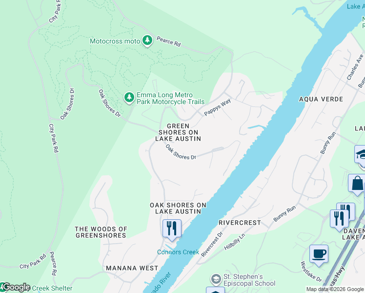 map of restaurants, bars, coffee shops, grocery stores, and more near 7220 Oak Shores Drive in Austin