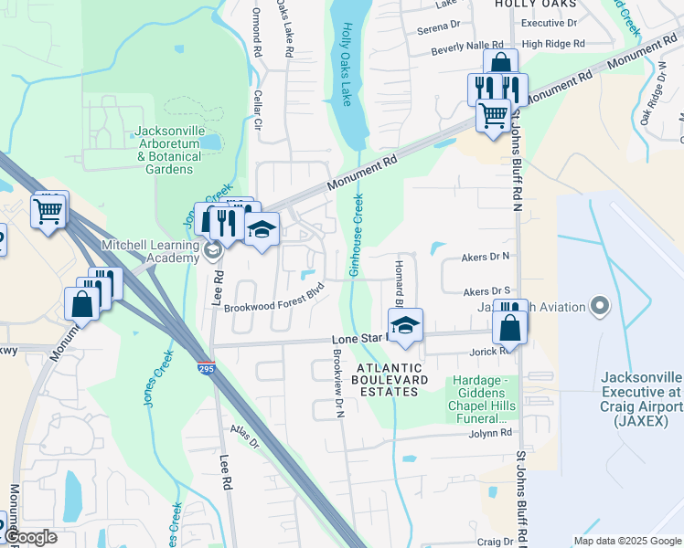 map of restaurants, bars, coffee shops, grocery stores, and more near 1225 Homard Place in Jacksonville