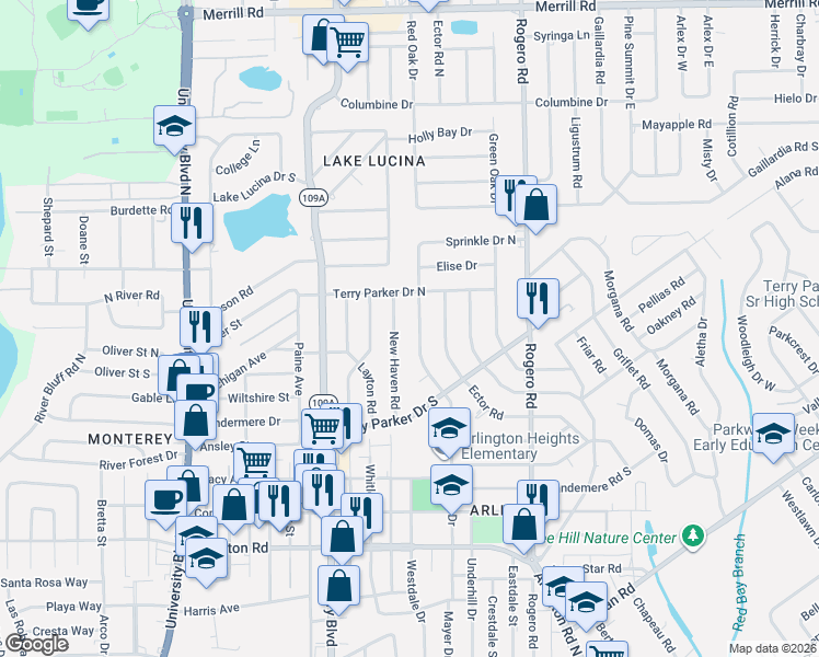 map of restaurants, bars, coffee shops, grocery stores, and more near 1834 Sprinkle Drive in Jacksonville