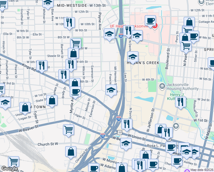 map of restaurants, bars, coffee shops, grocery stores, and more near 1311 Cleveland Street in Jacksonville