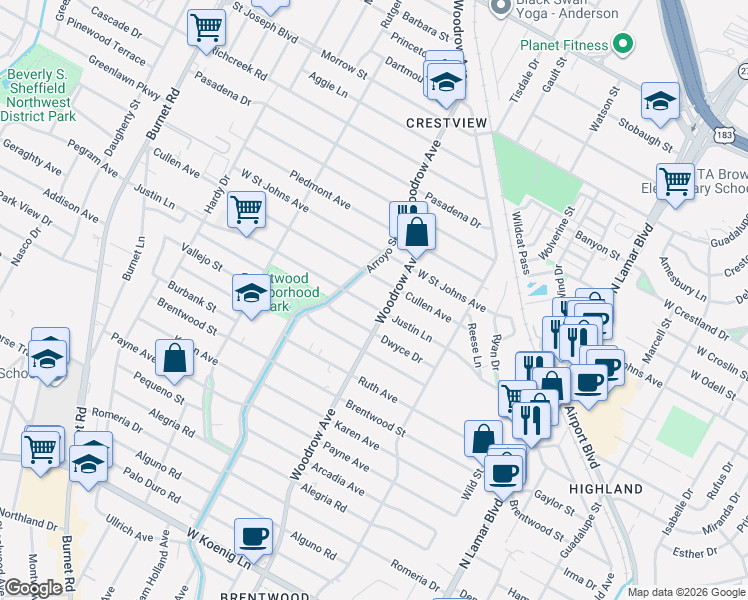 map of restaurants, bars, coffee shops, grocery stores, and more near 1401 Justin Lane in Austin
