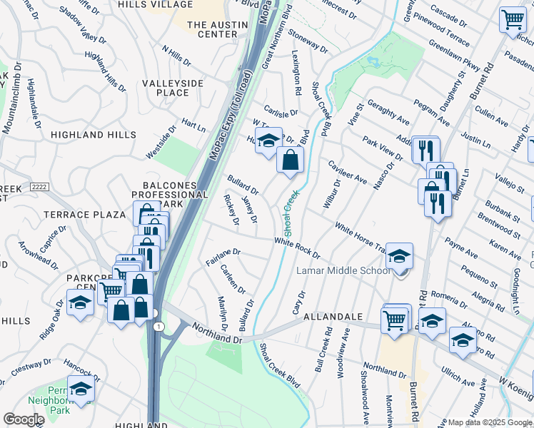 map of restaurants, bars, coffee shops, grocery stores, and more near 6106 Bullard Drive in Austin