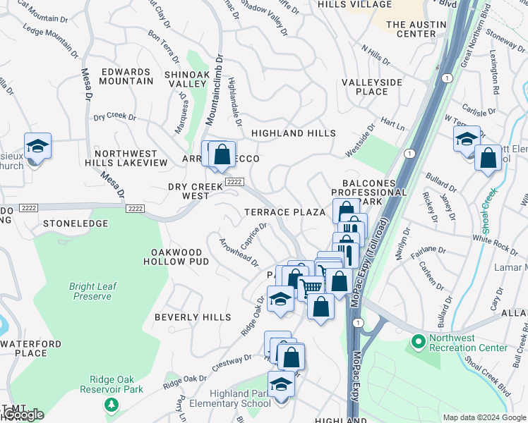 map of restaurants, bars, coffee shops, grocery stores, and more near 5604 Caprice Drive in Austin