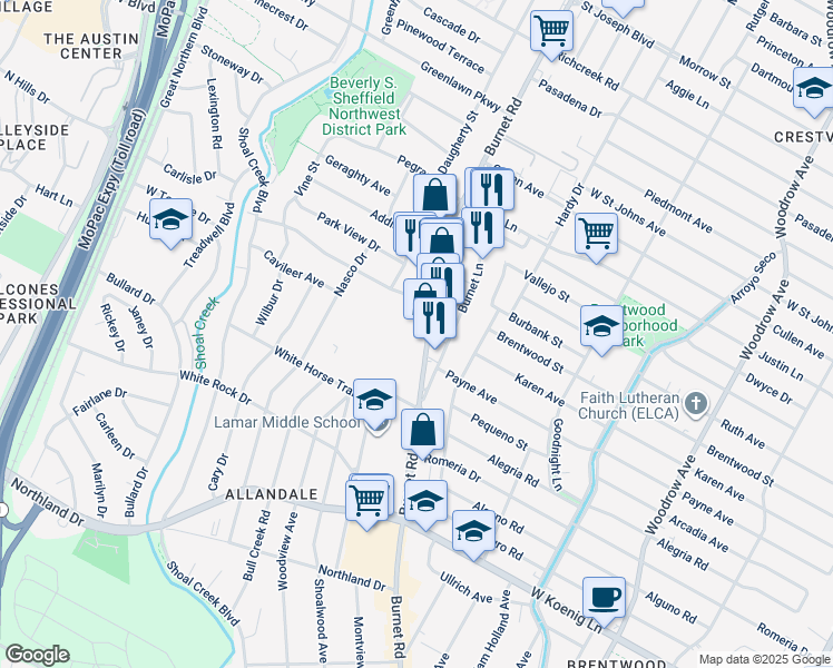 map of restaurants, bars, coffee shops, grocery stores, and more near 6444 Burnet Road in Austin