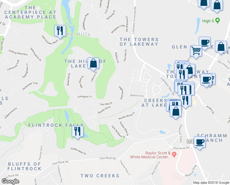 map of restaurants, bars, coffee shops, grocery stores, and more near 1 Dovedale Cove in The Hills