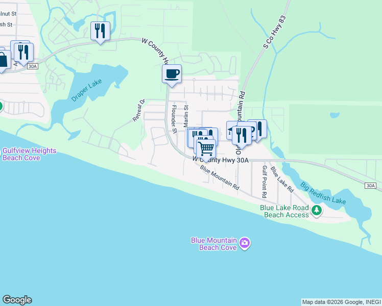 map of restaurants, bars, coffee shops, grocery stores, and more near 2350 West County Highway 30A in Santa Rosa Beach
