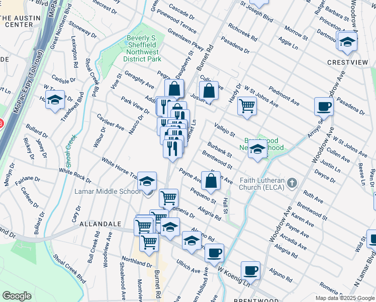 map of restaurants, bars, coffee shops, grocery stores, and more near 6512 Laird Drive in Austin