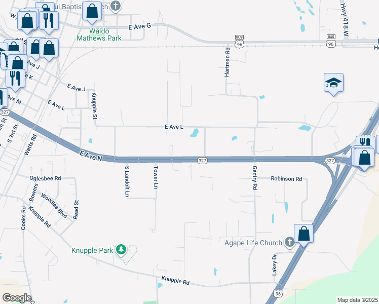 map of restaurants, bars, coffee shops, grocery stores, and more near 1173 East Avenue North in Silsbee