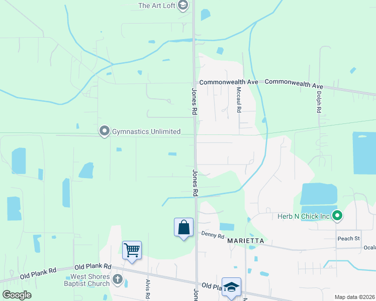 map of restaurants, bars, coffee shops, grocery stores, and more near 1510 Jones Road in Jacksonville