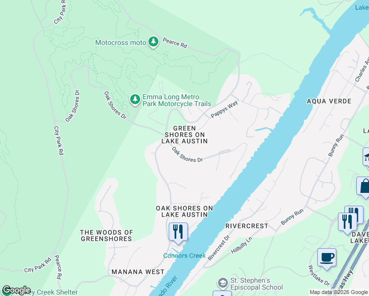 map of restaurants, bars, coffee shops, grocery stores, and more near 7224 Oak Shores Drive in Austin