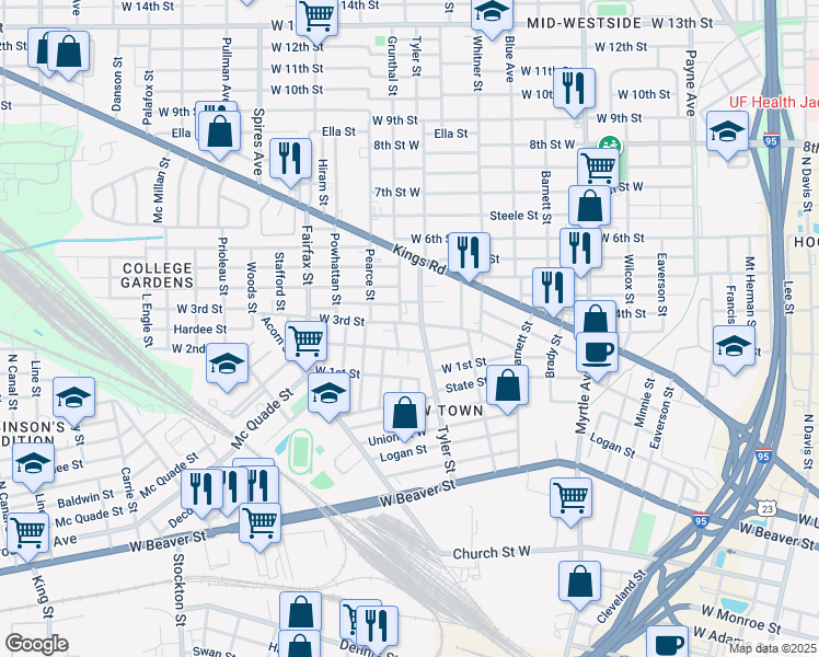 map of restaurants, bars, coffee shops, grocery stores, and more near 1625 West 2nd Street in Jacksonville