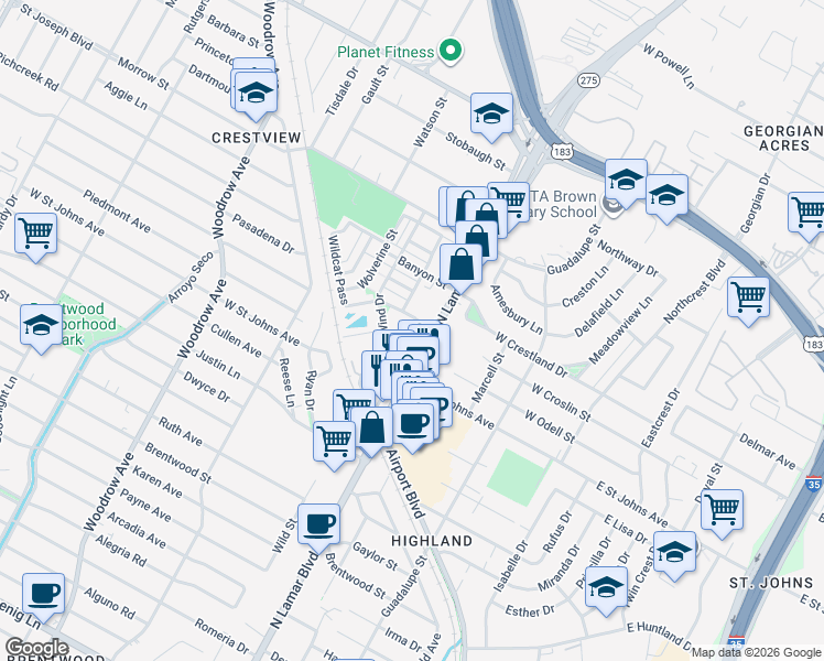 map of restaurants, bars, coffee shops, grocery stores, and more near 7301 North Lamar Boulevard in Austin